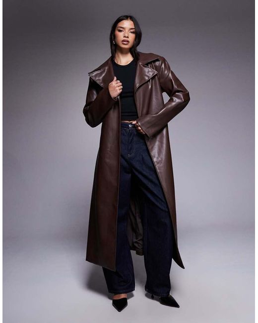 Wanderdoll Blue Anushka Faux Leather Shoulder Pad Detail Cinched Waist Maxi Coat