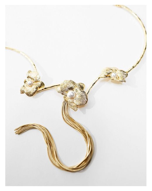 & Other Stories Natural Statement Floral Choker Necklace With Faux Pearls