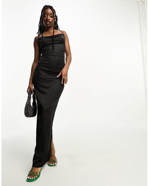 Naanaa Black Satin Cowl Neck Maxi Dress With Tie Back Detail
