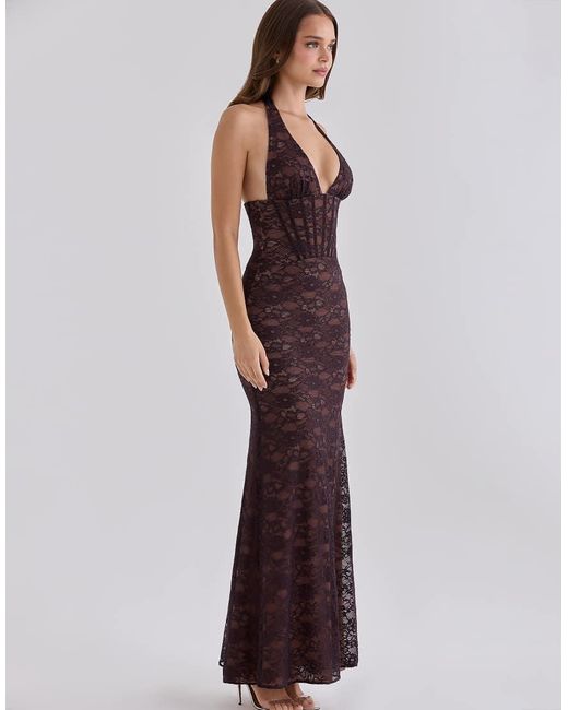 House Of Cb Purple Saskia Chocolate Lace Contouring Silhouette Maxi Dress