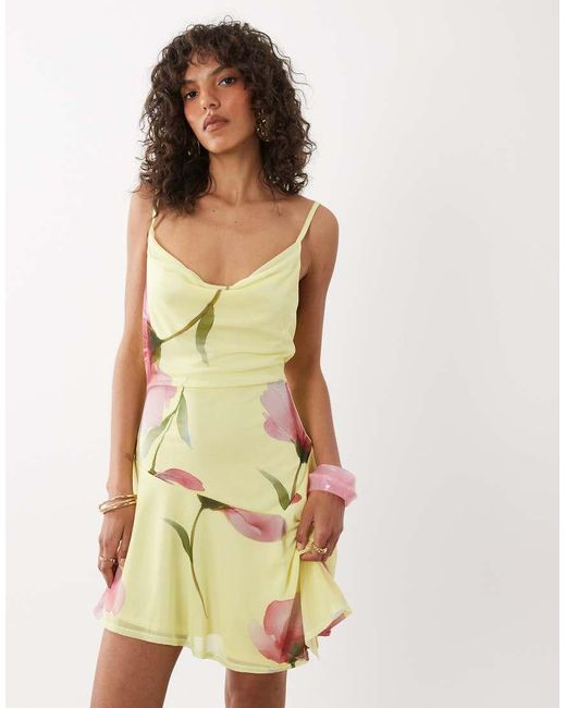 Miss Selfridge Yellow Cowl Neck Mini Dress With Asymmetric Hem