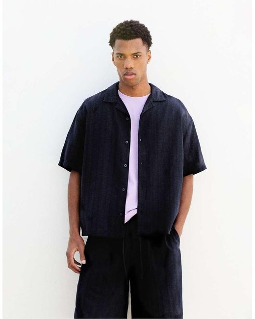 Camicia A Maniche Corte Testurizzata di Pull&Bear in Blue da Uomo