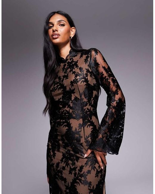 TFNC London Black Long Sleeve Flared Floral Lace Maxi Dress