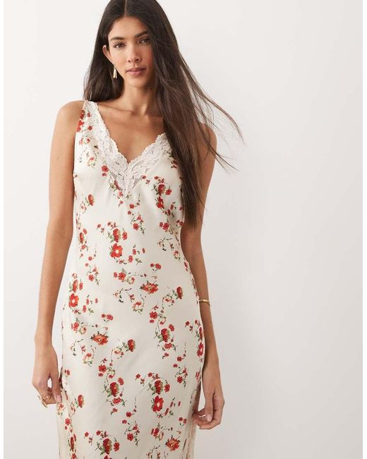 ASOS Natural V Neck Lace Matte Satin Maxi Dress
