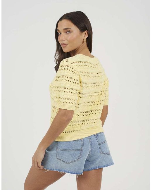 Brave Soul Yellow Short Sleeve Pointelle Knit Crew Neck Cardigan