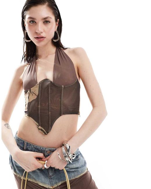 The Kript Gray Halter Neck Contrast Corset Top