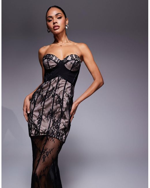 ASOS Blue Sculpted Boned Corset Detail Bandeau Lace Maxi Dress With Fishtail Hem And Contrast Lining