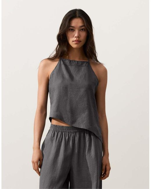 Oysho Black Asymmetric 100% Linen Sleeveless Top