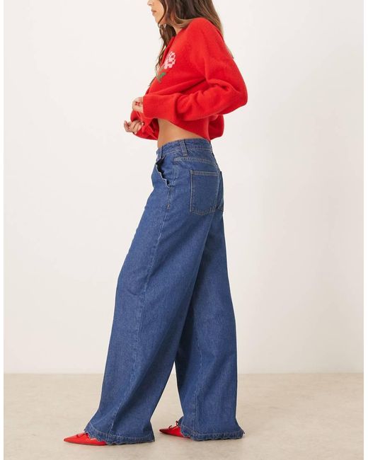 Vaqueros De Corte Palazzo De Pernera Ancha, Detalle En El Bajo Y Lavado Oscuro De -Azul ASOS de color Blue