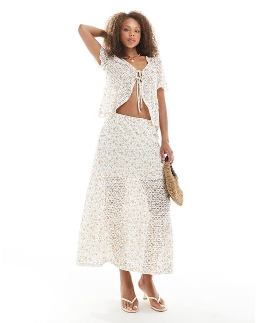 Object White Floral Printed Pointelle Boho Skirt