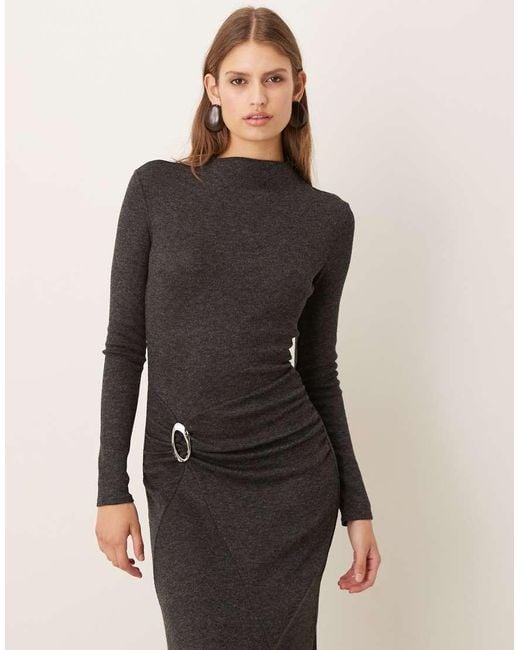 Mango Black High Neck Long Sleeve Maxi Dress With Buckle Detail
