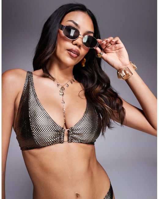 Wolf & Whistle Black Apex Triangle Bikini Top With Gold Hardware Detail