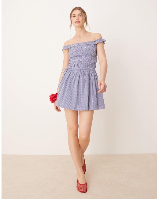 Glamorous Purple Shirred Off Shoulder Mini Dress