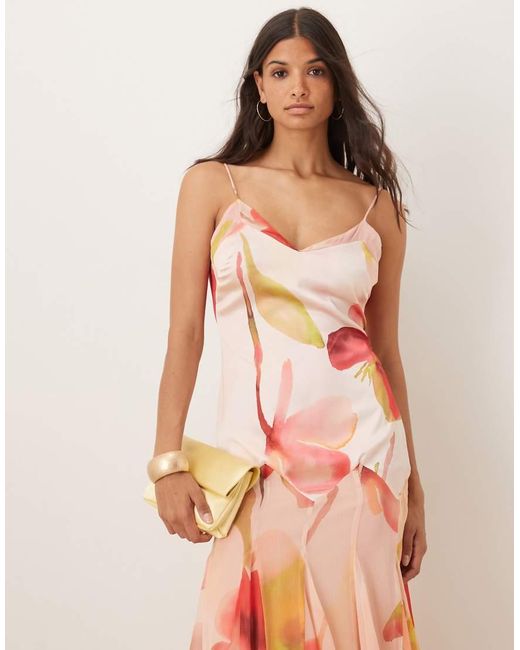 ASOS Maxi Jurk Van Satijn En Chiffon Met Verlaagde Taille En Volle Rok Met Godetplooien in het Pink