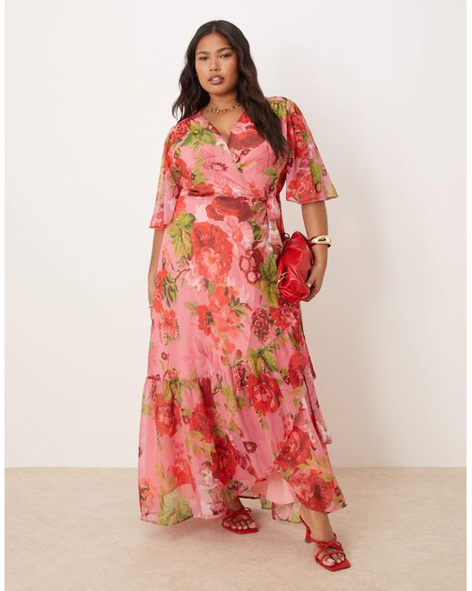 Hope & Ivy Plus Red Flutter Sleeve Maxi Wrap Dress With Tie Waist