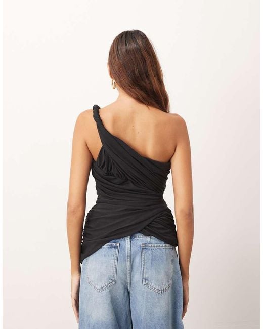 ARRANGE Black One Shoulder Drape Top With Metal Trim Detail