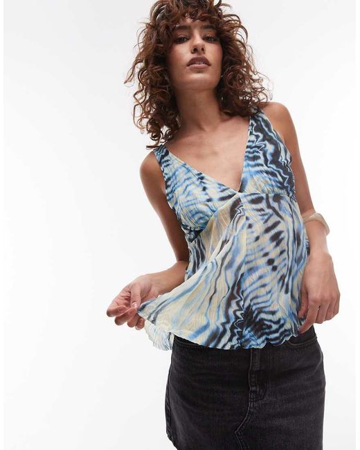 TOPSHOP Gekreukeld Mesh Top Met V-Hals En Print in het Blue