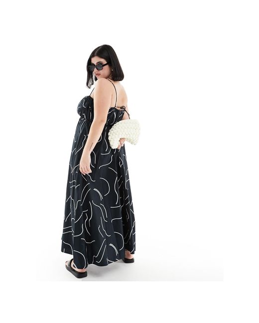 Asos design curve - robe d'été longue avec buste froncée et bretelles réglables - imprimé abstrait noir et blanc ASOS en coloris Black