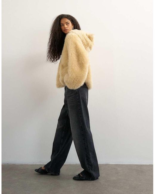 TOPSHOP Natural Faux Fur Zip Through Hooded Jacket
