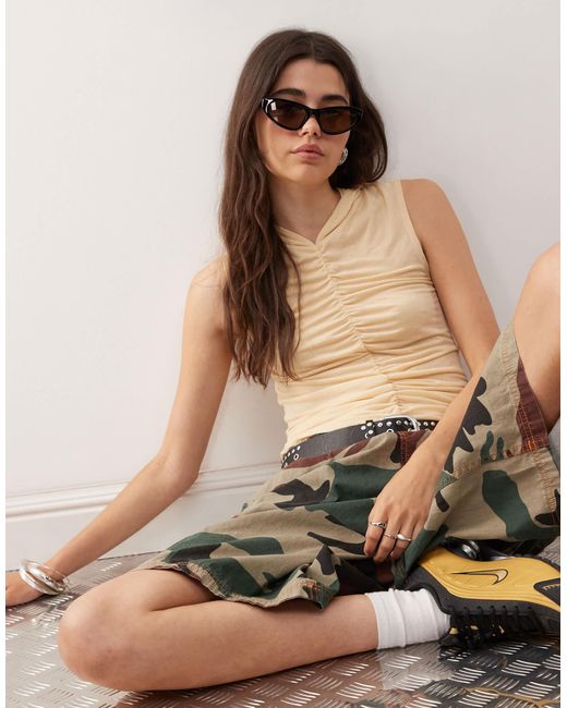 Monki Natural Semi Sheer Ruched Front Tank With Hood