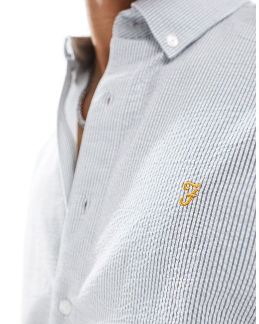 Farah White Cotton Stripe Seersucker Shirt for men