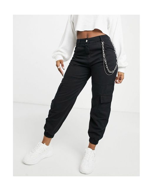 Bershka Canvas Utility Cargo Trouser With Chain in Black | Lyst Canada