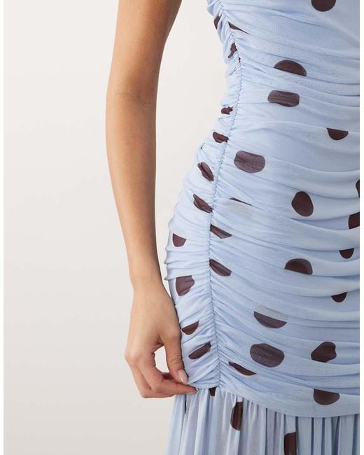 ASOS Blue Printed Polka Dot Ruched Drop Waist Circle Dress With Grown-on Neck