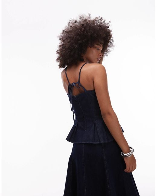 TOPSHOP Blue Denim Strap Peplum Top