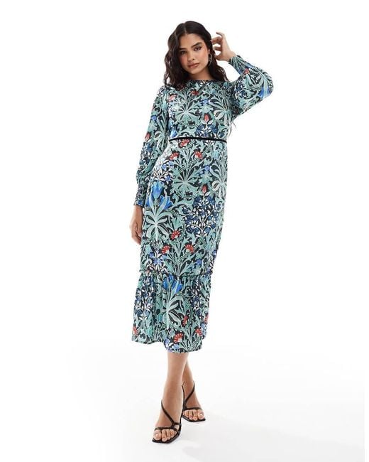 Hope & Ivy Blue Collaboration With The William Morris Society Bow Back Midi Dress