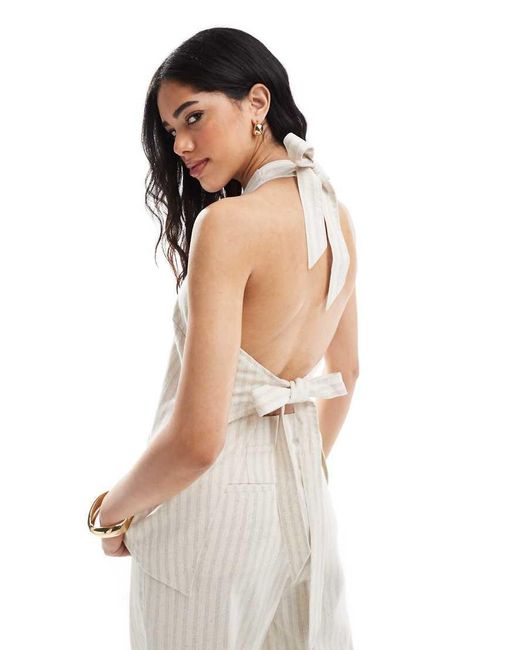 4th & Reckless White Linen Blend Tailored Halterneck Tie Back Waistcoat Top Co-ord
