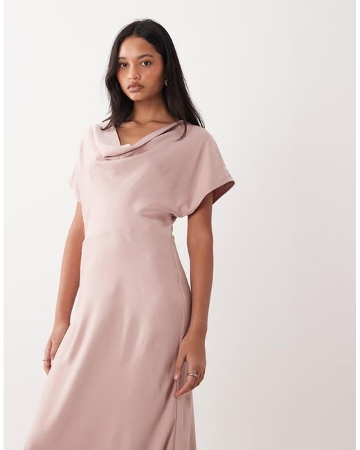 TFNC London Pink Bridesmaids Satin Drop Shoulder Bias Maxi Dress