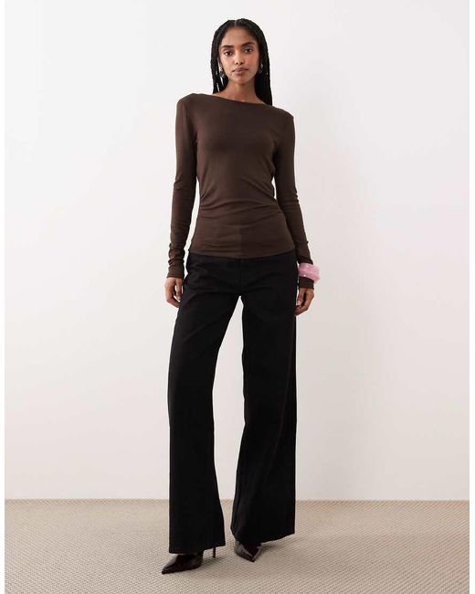 Gina Tricot Natural Long Sleeve Slim Fit Top With Open Drapey Back