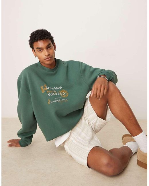 ASOS Green Sweatshirt With Embroidery And Print Chest for men