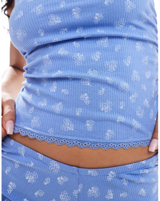 Cotton On Blue Cotton On Blossom Print Rib Ruffle Cami Sleep Top Co-ord