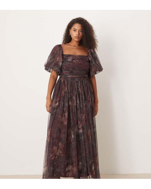 Lace & Beads Plus Brown Puff Sleeve Tulle Maxi Dress