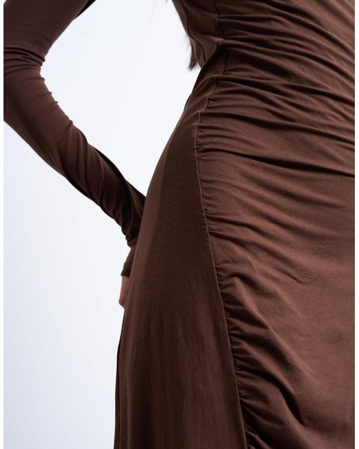 TOPSHOP Brown Long Sleeve Ruched Maxi Dress