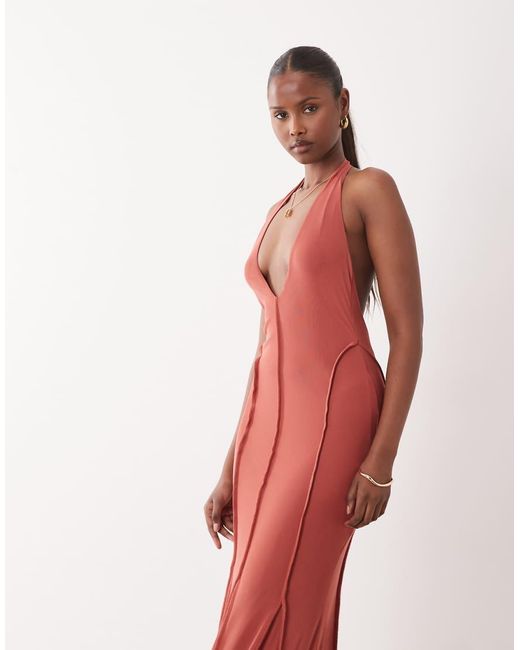 ASOS Red U-shaped Mesh Halter With Exposed Seam Detail Maxi Dress