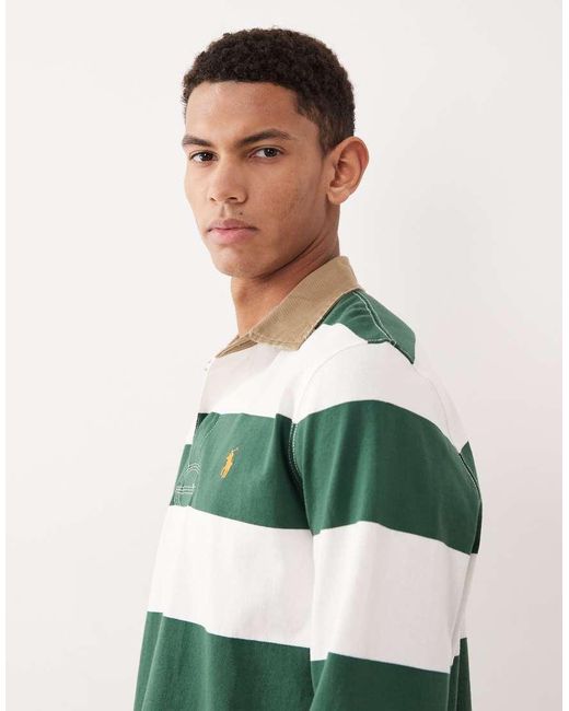 Polo Ralph Lauren Green Icon Logo Block Stripe Rugby Polo Classic Oversized Fit for men