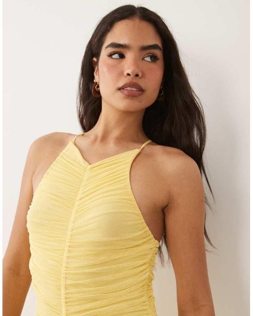 ASOS Natural High V Neck Halter Mesh Maxi Dress With Ruched Details