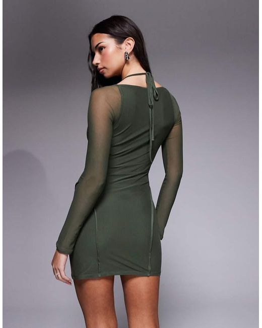 ASOS Gray Mesh Exposed Seam Long Sleeve Mini Dress