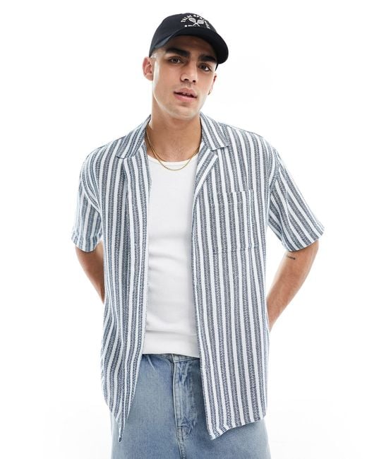 New Look Blue Short Sleeved Textured Stripe Patterned Shirt for men