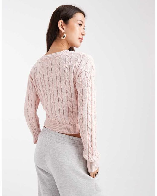 Cotton On White V-Neck Cotton Cropped Cable Pullover