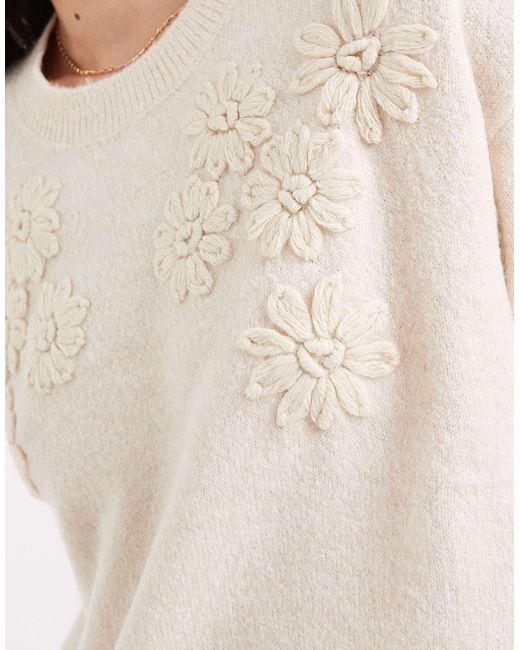 Brave Soul Natural Crew Neck Jumper With Flower Embroidered Detail