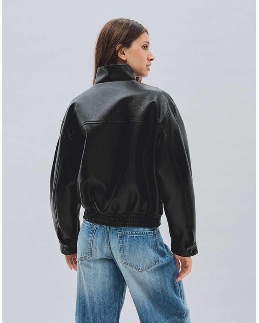 Bershka Black Oversize Leather Effect Jacket With Crossover Collar