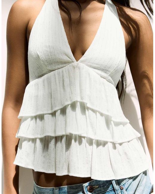 Bershka White Shimmery Ruffle Top