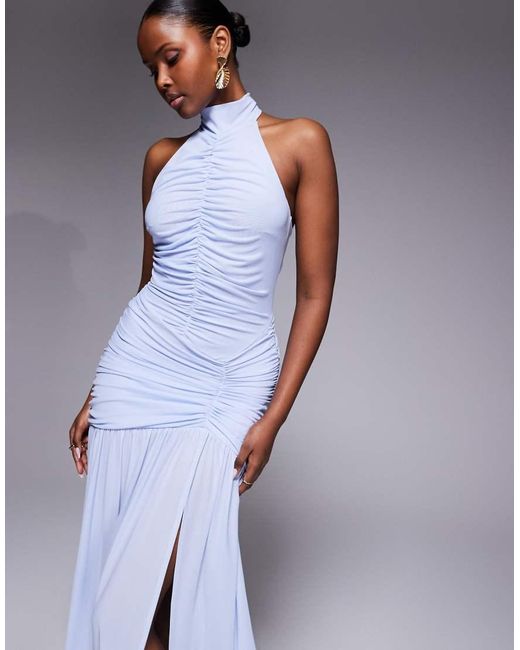 Ruched & Ready Purple Sculpting Ruched Body Draped Hem Open Slit Maxi Dress
