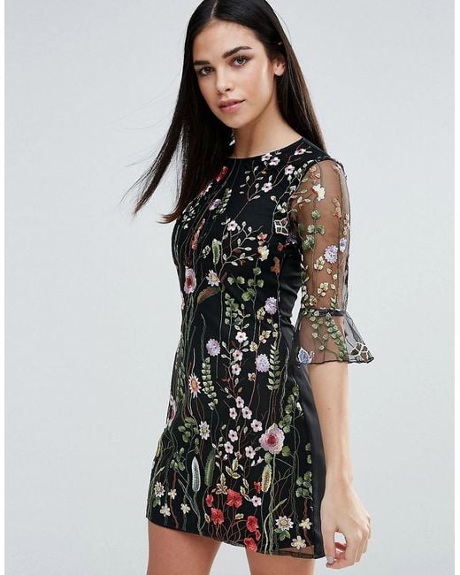 Lipsy Black Floral Embroidered Shift Dress