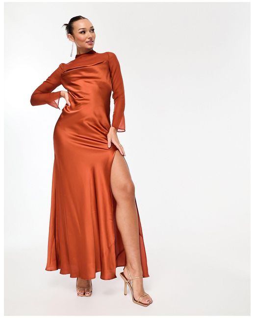 ASOS Orange Satin Cowl Maxi Dress With Chiffon Layer Detail