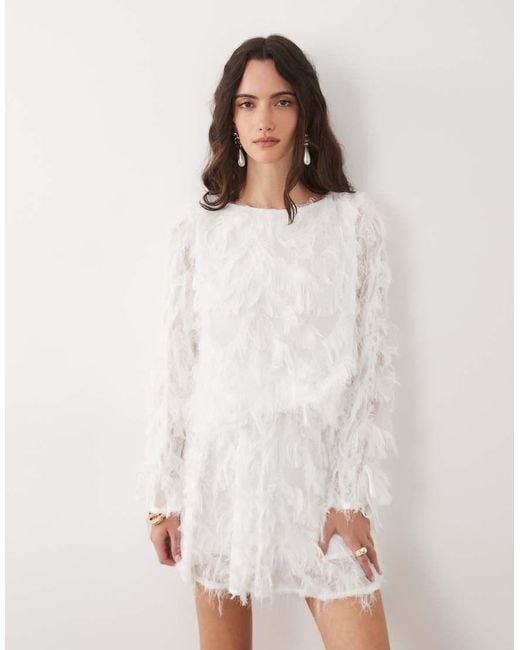 TFNC London White Faux Feather Bell Sleeve Babydoll Mini Dress