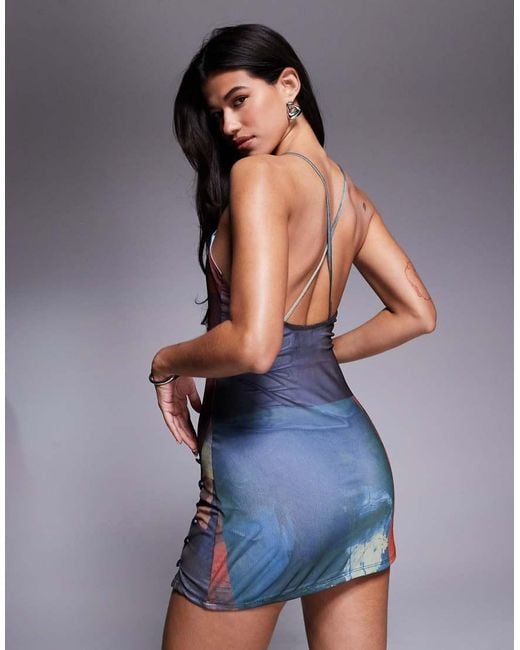 ASOS Blue Mesh Square Neck Cami Mini Dress With Contrast Button Details